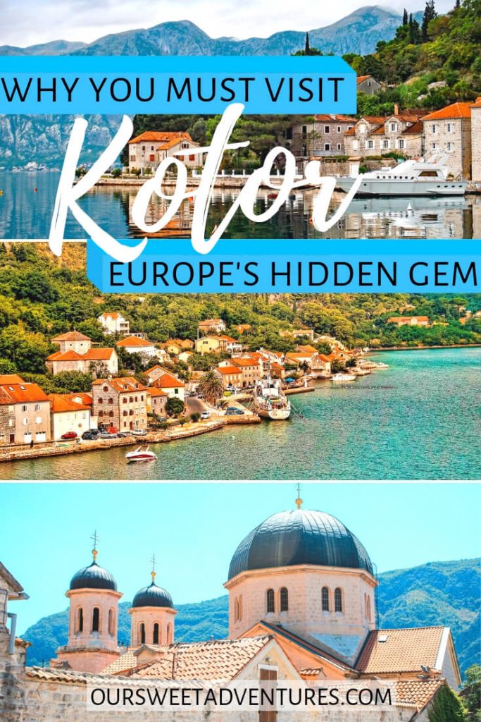 Photo collage of three different photos. Top photo is of a luxury speed boat near house along Bay of Kotor. Middle photo is of red roof top houses along the ocean. Bottom photo of a church in Old Town Kotor with three blue domes towering over. Text overlay "Why You Mist Visit Kotor Europe's Hidden Gem".