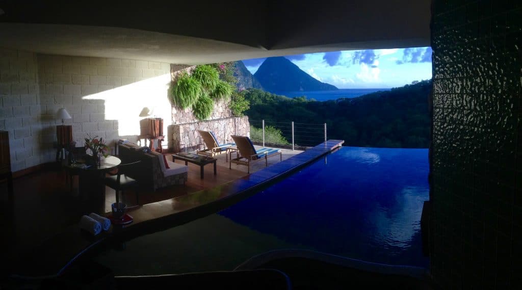 The most luxurious suite at Jade Mountain in St. Lucia for the perfect honeymoon. The suite has only three walls and an infinity pool that overlook the Pitons.