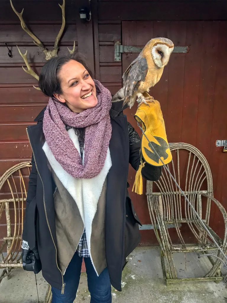 A woman smiling and looking at an owl after a unique and fun falconry experience at Dromoland Castle.