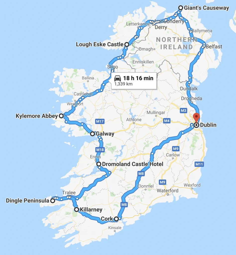 A map of the perfect 7 days in Ireland itinerary. It is a full circle of Emerald Isle to see the Dark Hedges, Giants Causeway, countless castles, Ring of Kerry and more. From Dublin to the Causeway Coast, Donegal, Galway, Limerick, Dingle, Killarney and Cork. This 7 day Ireland itinerary has everything you need to have the perfect trip!