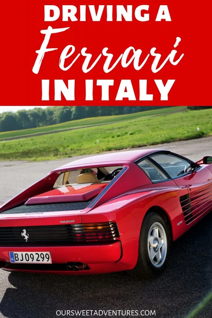 The back of a red Ferrari driving on the road with text overlay "Driving a Ferrari in Italy"