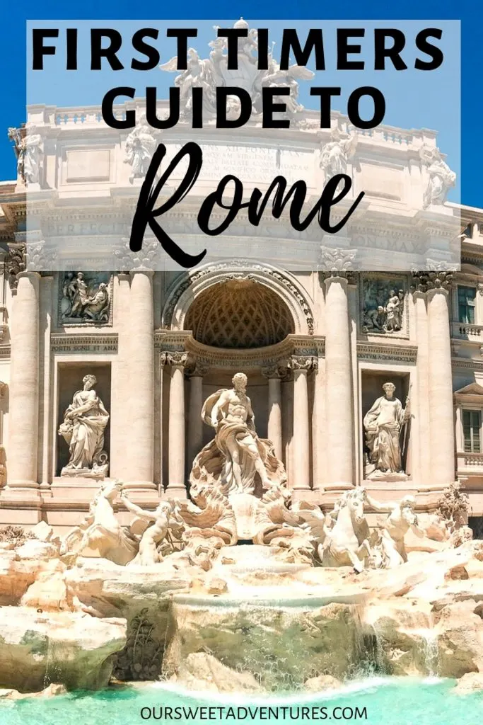 A bright photo of the sculptures at the Trevi Fountain with text overlay "First Timers Guide to Rome".