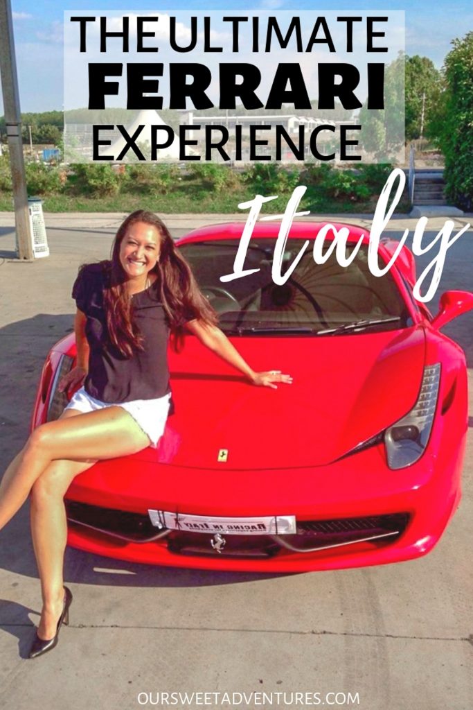 A woman dressed up with high heels sitting on a red Ferrari 458 with text overlay 