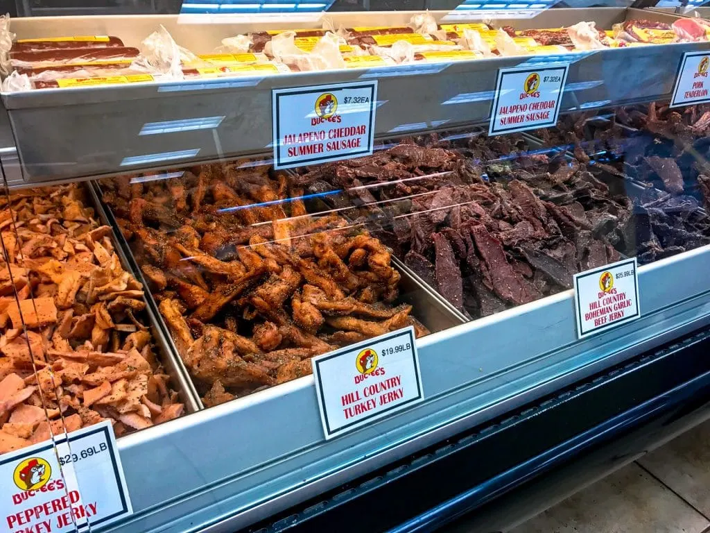 A display case of beef jerky from Buc-ee's  convenient store in Texas.  