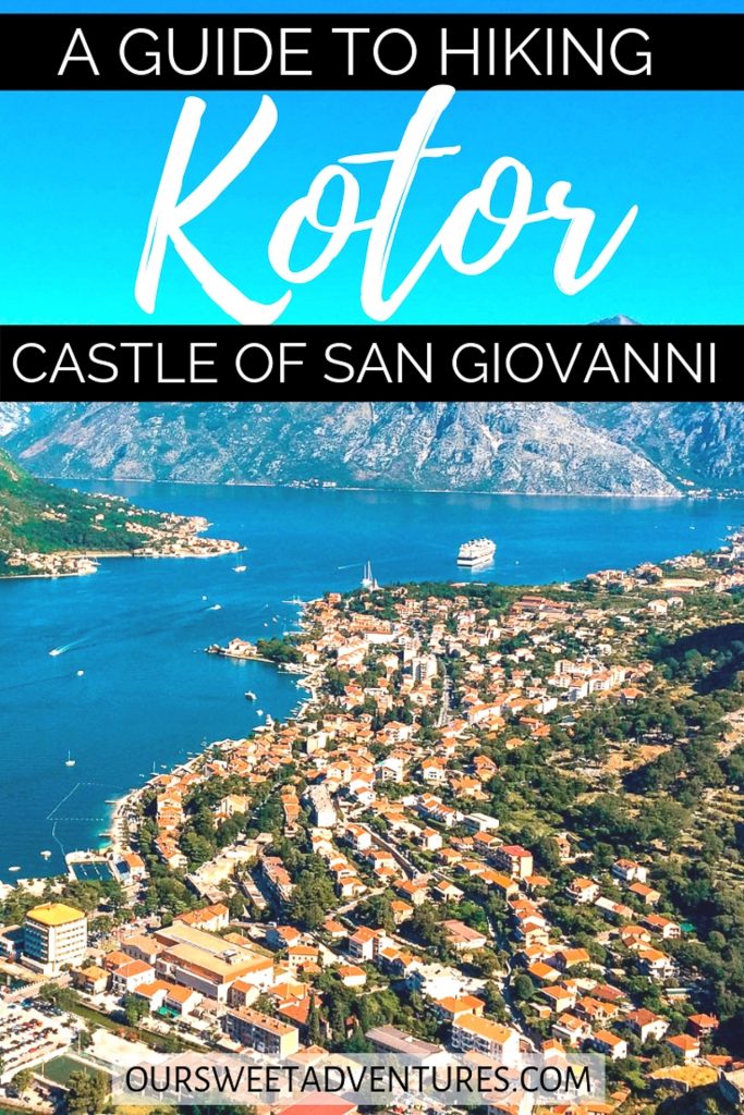 Rows of redtop houses along the ocean in Kotor with text overlay "A Guide to Hiking Kotor Castle of San Giovanni".
