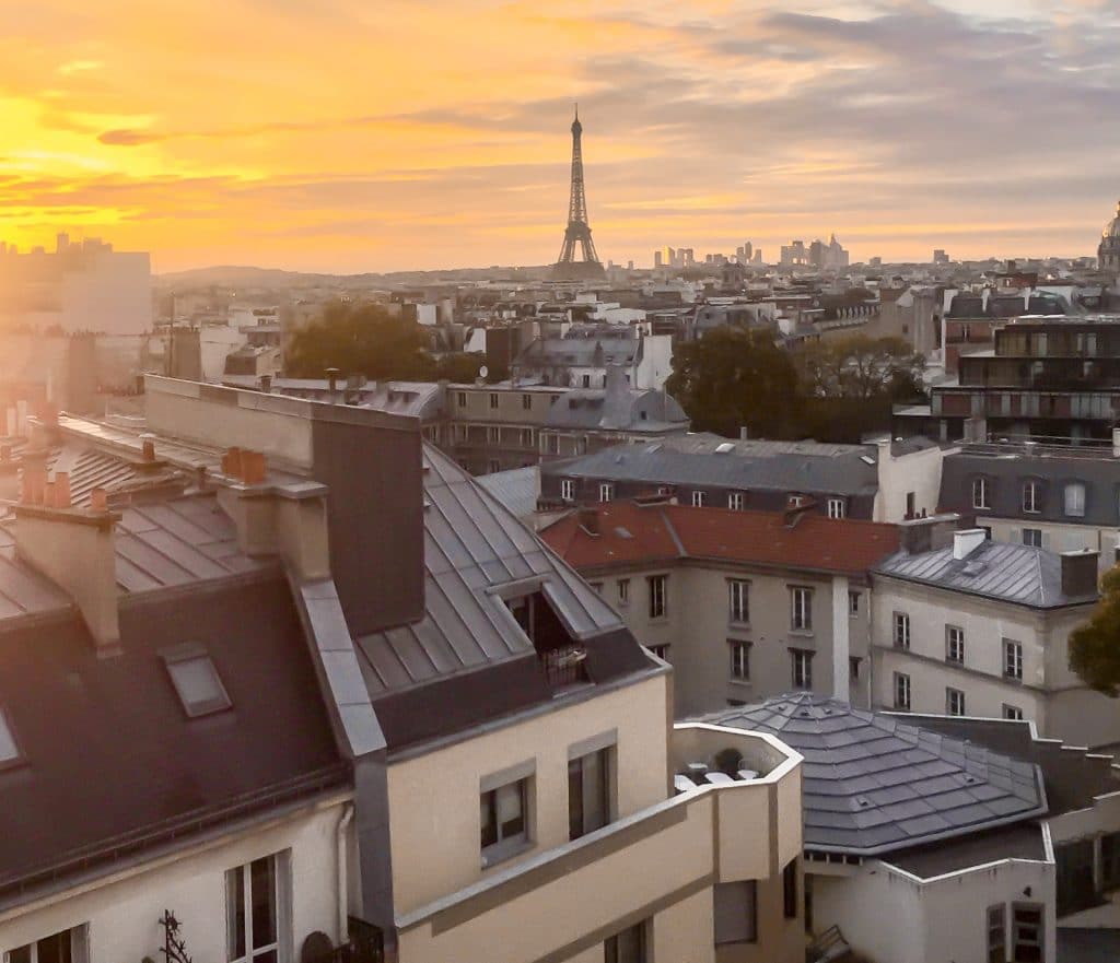 Sunset photo of the Eiffel Tower from the hotel room of Hotel Le Lettre.