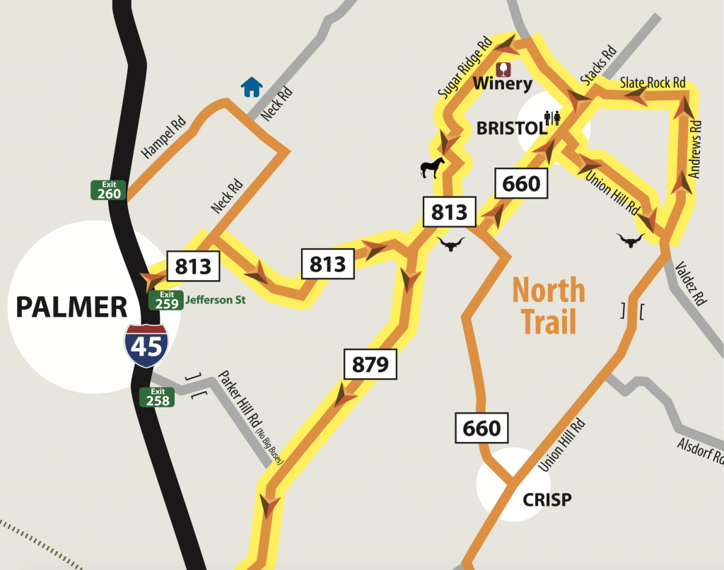 A map of the north trail on the Ennis Bluebonnet Trail.