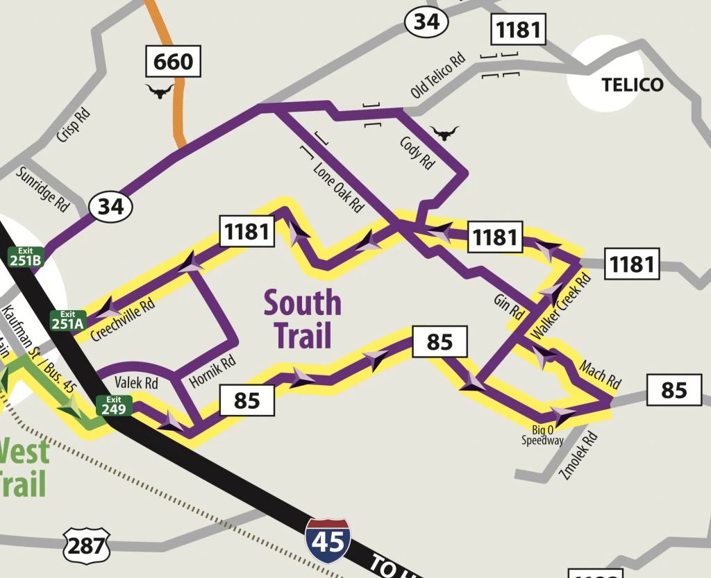 A map of the south trail on the Ennis Bluebonnet Trail.