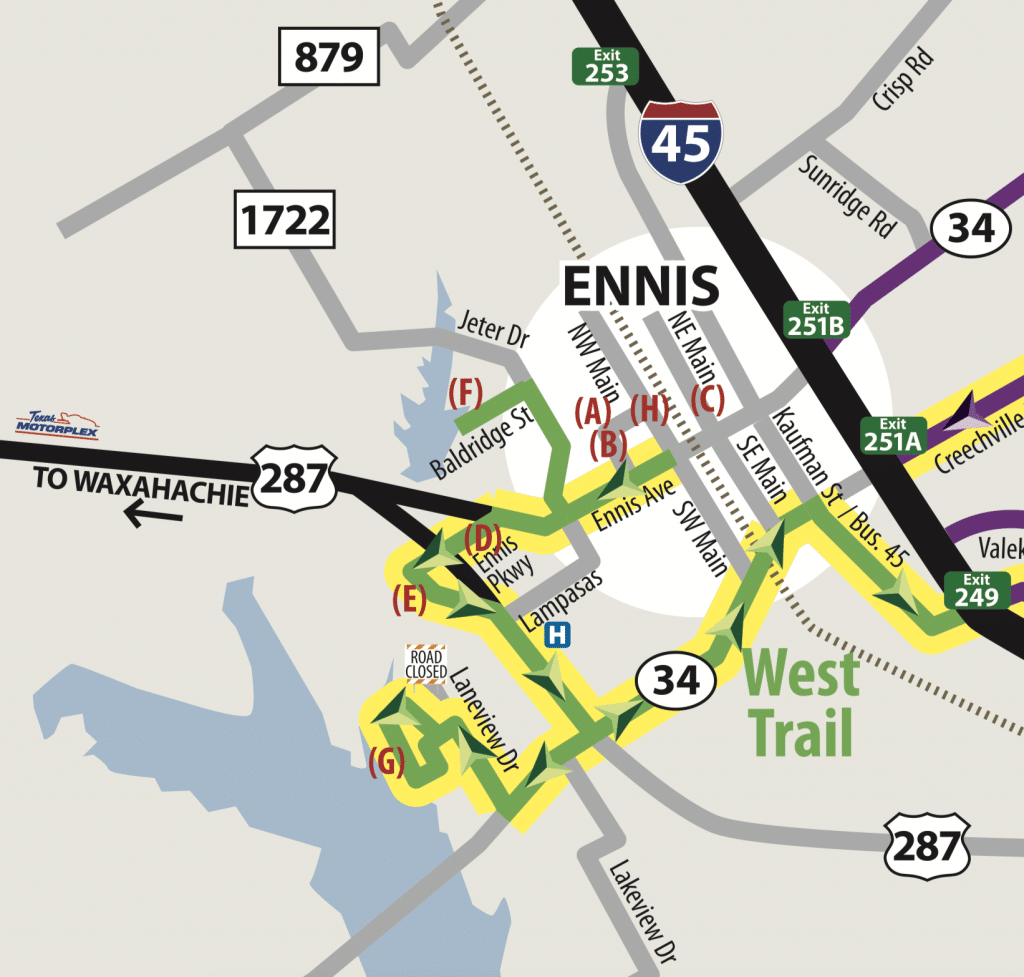 A map of the west trail on the Ennis Bluebonnet Trail.