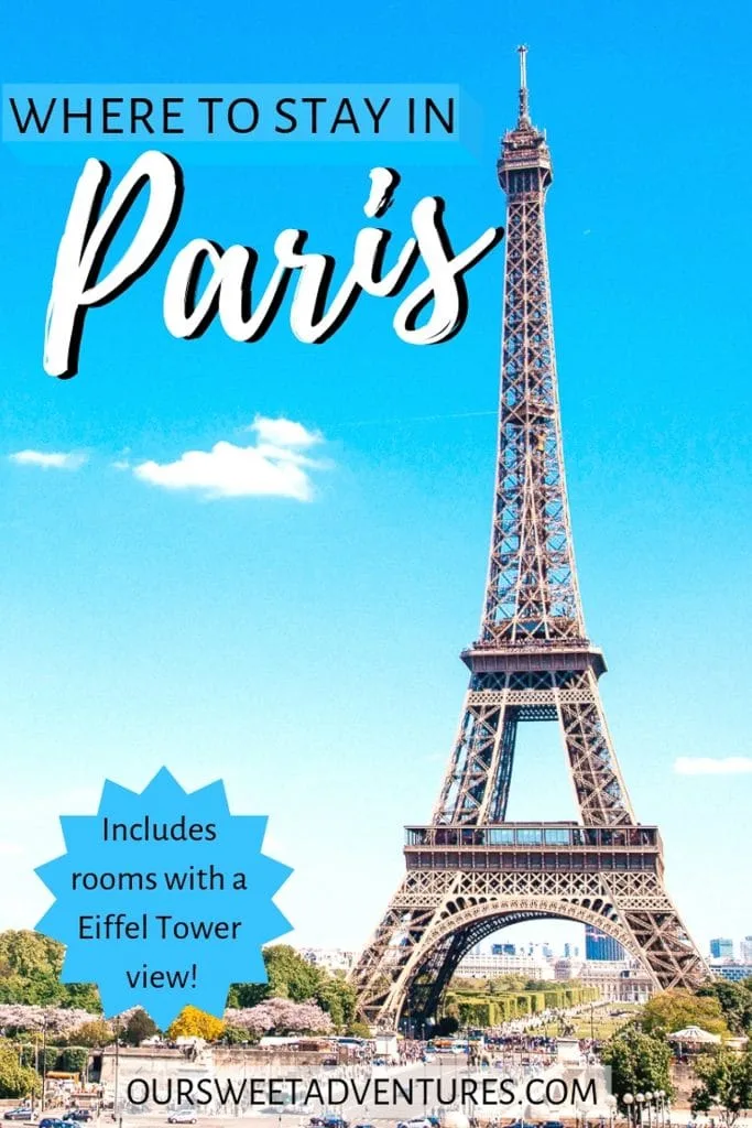 Eiffel Tower pictured right during a bright blue sunny day. Text overlay 