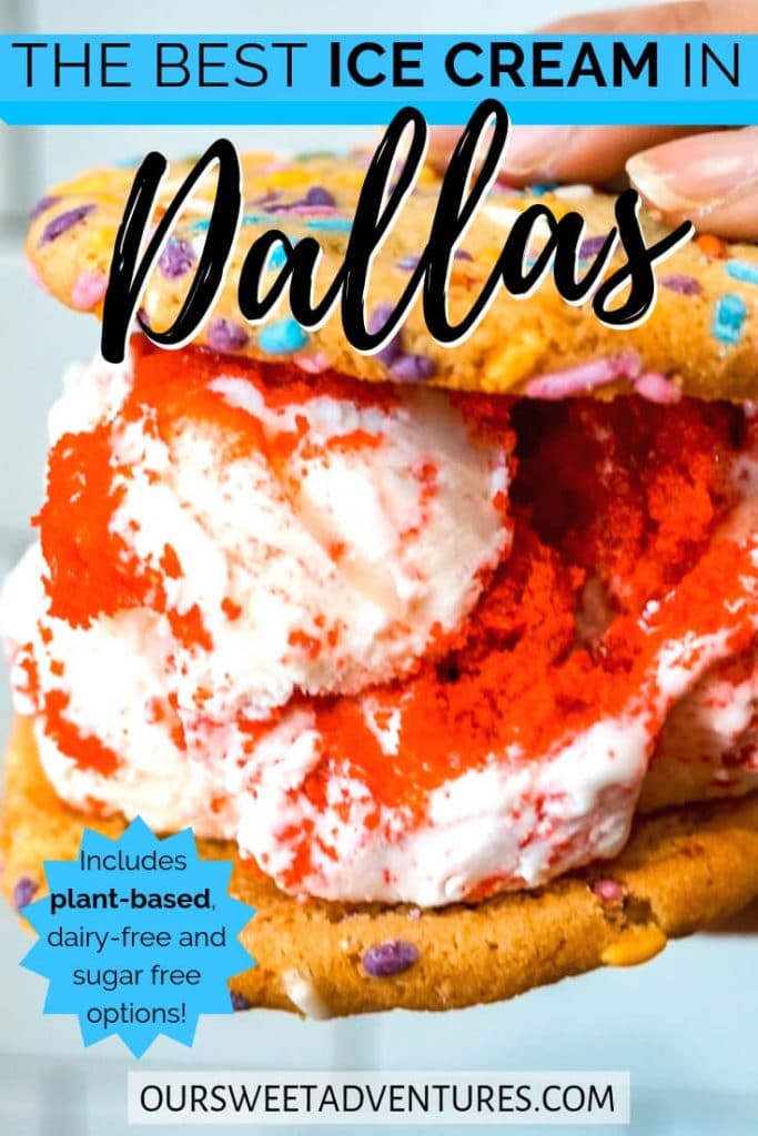 A giant ice cream sandwich of red velvet between two confetti sprinkle cookies with text overlay "The Best Ice Cream in Dallas Includes Plant-Based, Dairy-Free, and Sugar-Free"