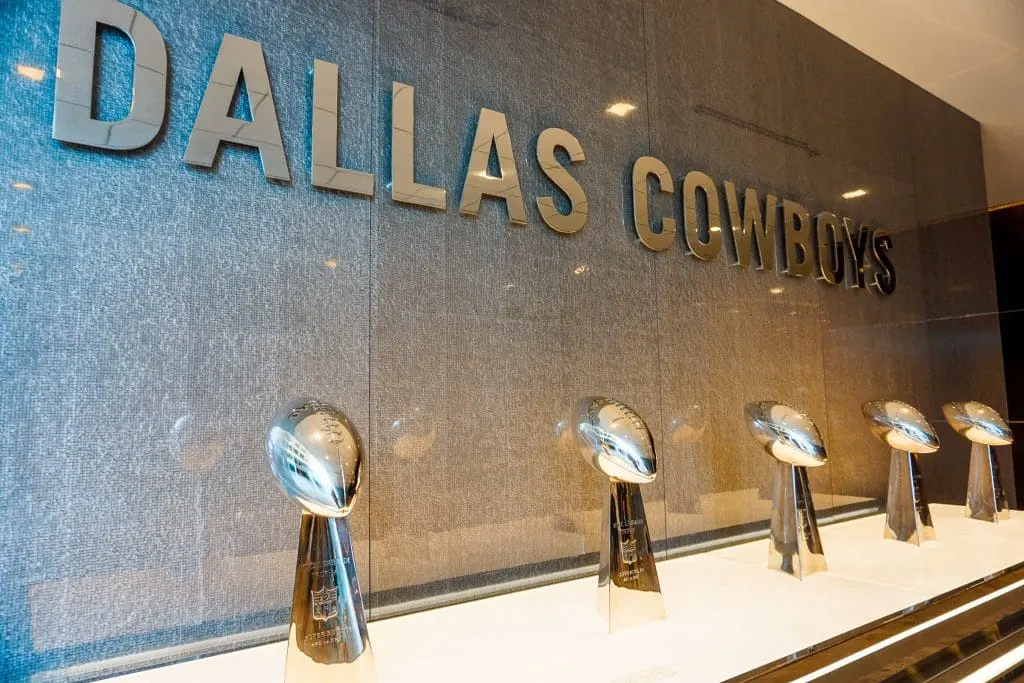 A row of Super Bowl trophies won by the Dallas Cowboys located at The Star in Frisco.