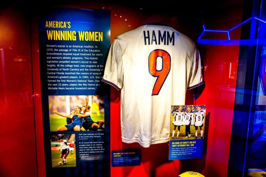 Window display of Mia Hamm's soccer jersey.