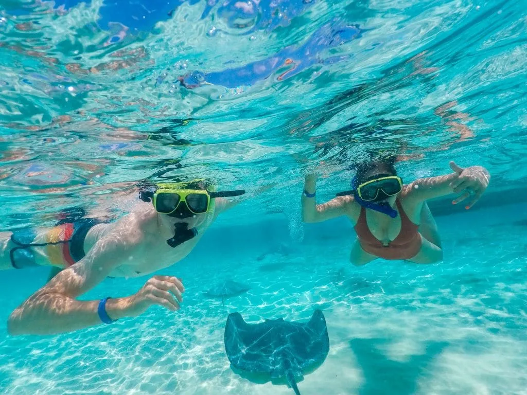 A man and woman swimming with stingrays in the Grand Cayman.