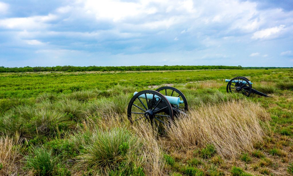 Two green cannons facing out into the vast green pasture at the Palo Alto Battlefield.
