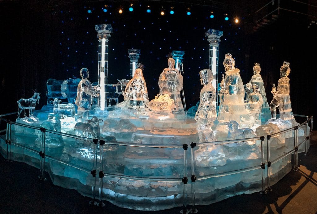 A beautiful ice sculpture of the Nativity scene found at the Gaylords ICE! exhibit. 