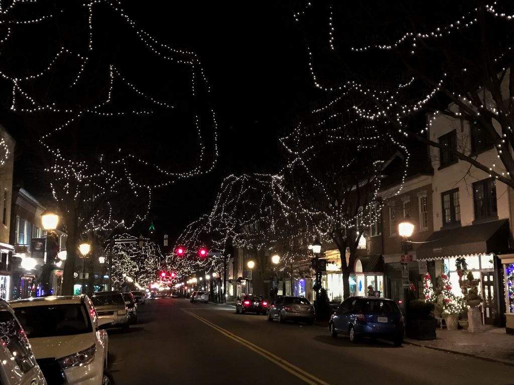 Kings Street decorated with lights in the trees to create a winter wonderland.