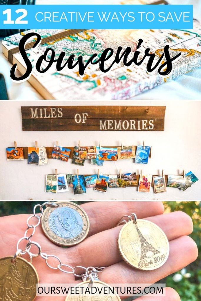 A collage of photos. The top photo is a journal. The middle photo is a wall with postcards. The bottom photo is a hand holding coin jewelry. Text overlay "12 creative ways to save souvenirs"