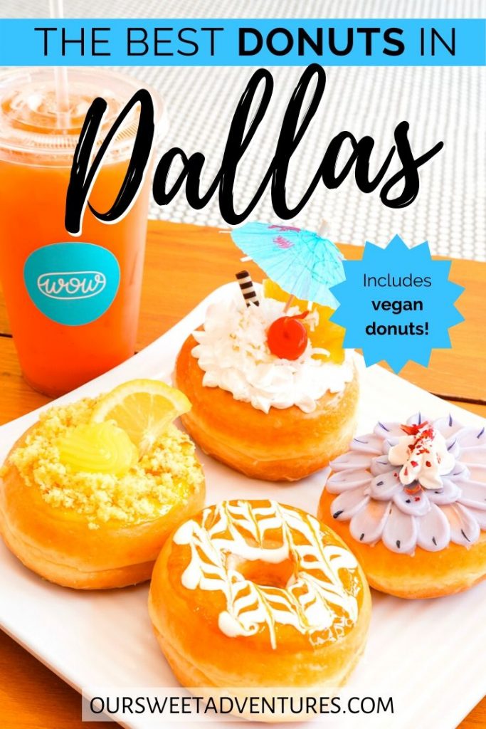A pin image of a plate full of colorful donuts. Text overlay "The best donuts in Dallas. Includes vegan donuts."