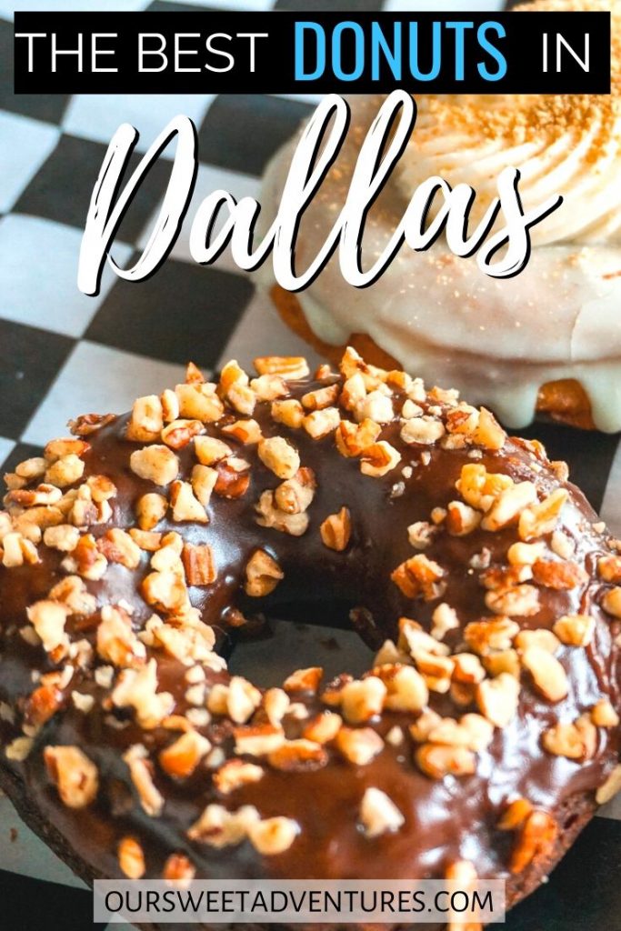 A pin image of a chocolate glazed donut with nuts. Text overlay "The best donuts in Dallas"