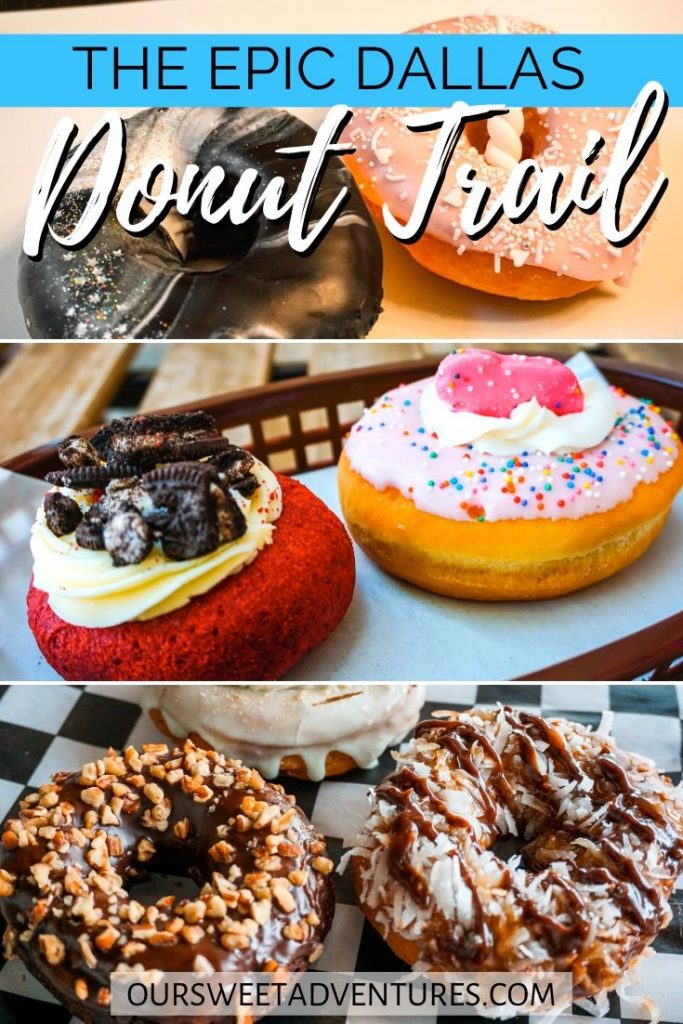 A collage of photos. The top photo is a black and white galaxy icing and pink icing with a unicorn donut. The Middle photo is a red velvet cake donut and a circus animal donut. The bottom photo has a chocolate glazed donut with nuts and a caramel and coconut donut. Text overlay "The Epic Dallas Donut Trail".