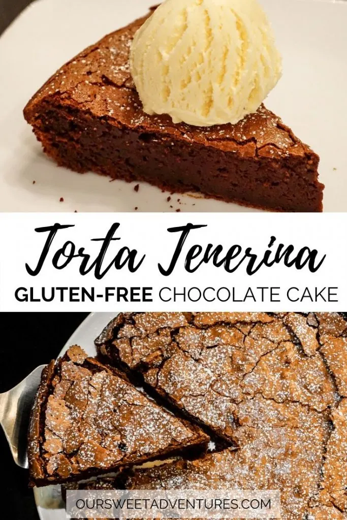 A collage of two photos. The top on is a slice of Italian flourless chocolate cake known as Torta Tenerina with a scoop of ice cream on top. The bottom photo is a close up of someone taking a slice from a whole piece of the cake. Text overlay 