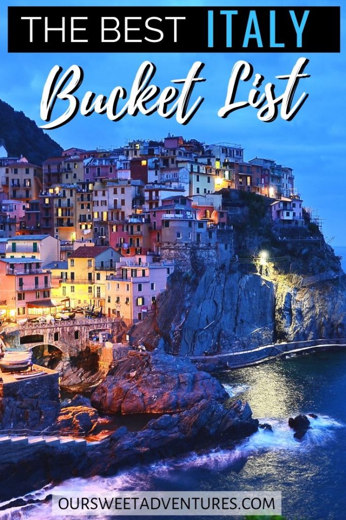 A nighttime photo of Cinque Terre with text overlay "The best Italy Bucket List".