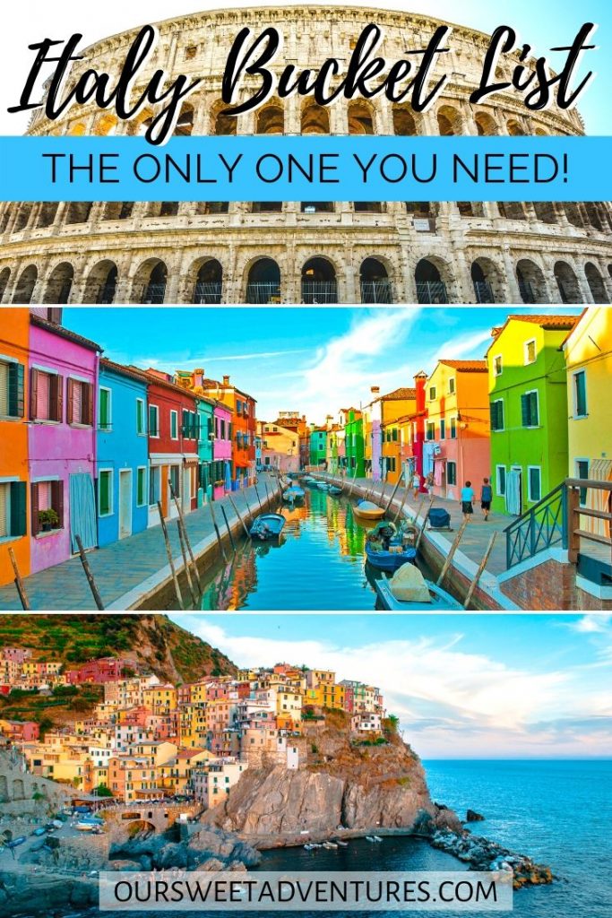 A collage of three photos. The top photo is the Colosseum. The middle photo is Burano with colorful houses. The bottom photo is Cinque Terre along the coast. Text overlay "Italy Bucket List the only one you need".
