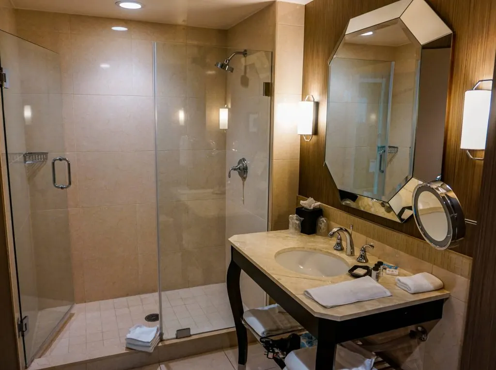 A large bathroom from Sheraton McKinney of the shower and sink. 