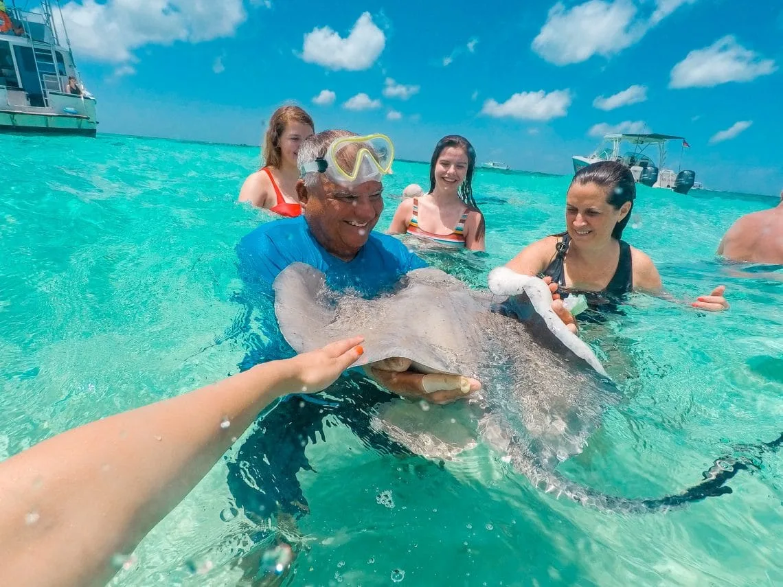 A hand reach out to stroke a wild stingray being held by a tour guide at Stingray City in the Grand Cayman. Also in the photo are three other women around the stingray.