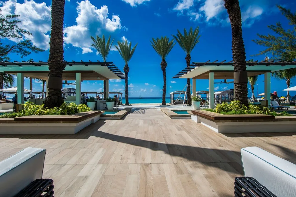 A beautiful outdoor patio with beach access from The Westin, one of the best places to stay in the Grand Cayman.