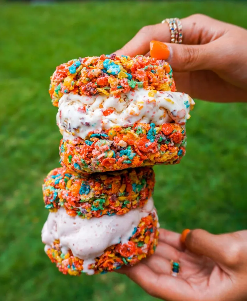 Fruity Pebble rice krispie treat ice cream sandwiches from Creamistry.