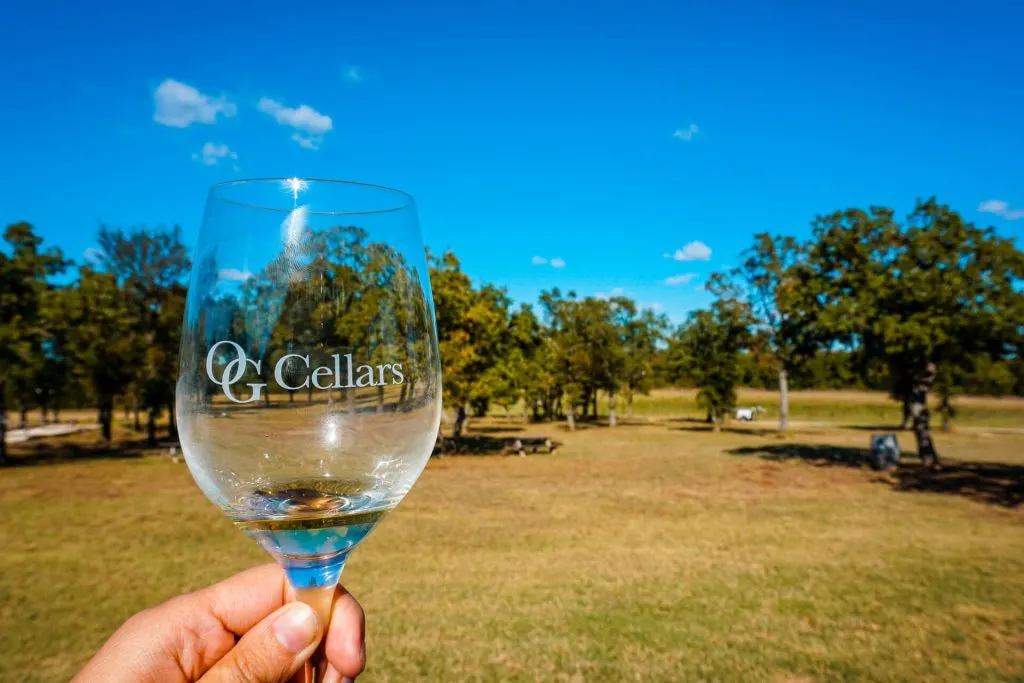 A glass of white wine from OG Cellars with a vast field of trees.