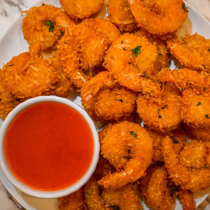 Coconut Shrimp (Fried + Air Fryer) with Sweet Red Bell Pepper Chili Sauce