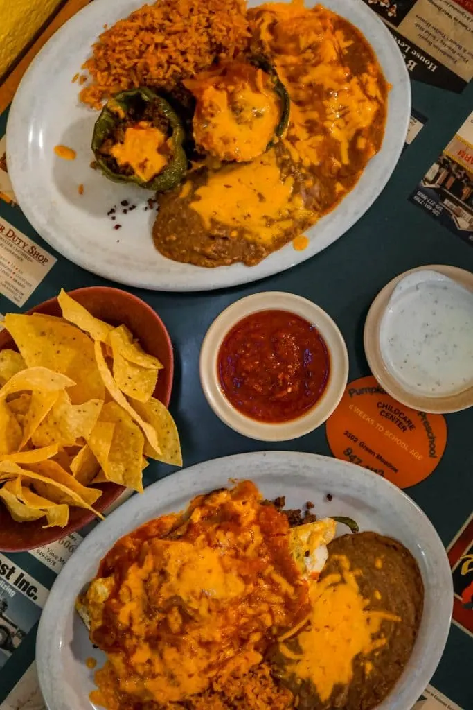 Birdseye view of chips, salsa, and lunch entrees at Franco's Cafe in San Angelo.