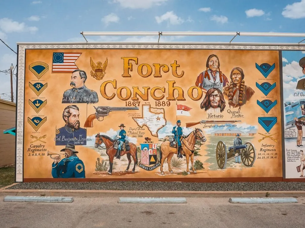 A Historic Mural of Fort Concho in San Angelo representing Native Americans and Buffalo Soldiers. 