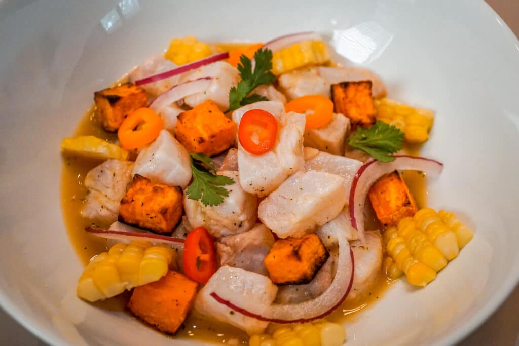 A bowl of Peruvian Ceviche with Tiger's Milk - fresh halibut, sliced red onions, roasted sweet potatoes, corn, and cilantro.