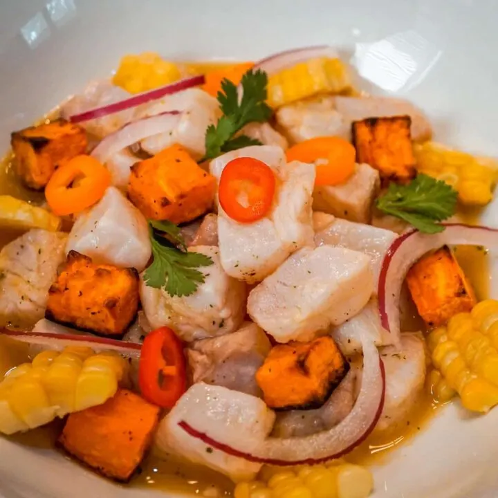 A bowl of Peruvian Ceviche with Tiger's Milk - fresh halibut, sliced red onions, roasted sweet potatoes, corn, and cilantro.