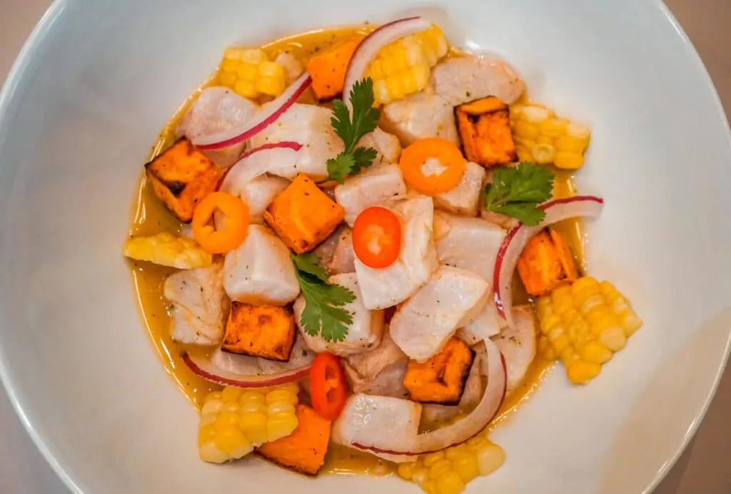 Birdseye view of a bowl of Peruvian Ceviche filled with fresh halibut, roasted sweet potato, chunks of corn, sliced red onion and peppers, and fresh cilantro. 