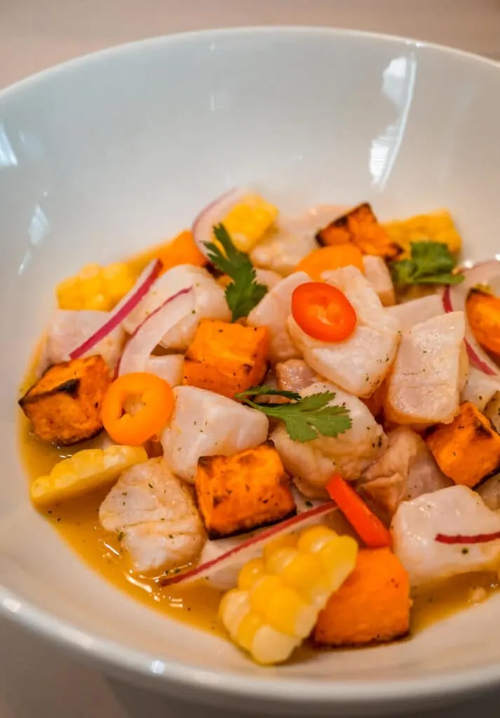 A bowl of Peruvian Ceviche with Tiger's Milk - fresh halibut, sliced red onions, roasted sweet potatoes, corn, sliced peppers, and sprigs of cilantro.