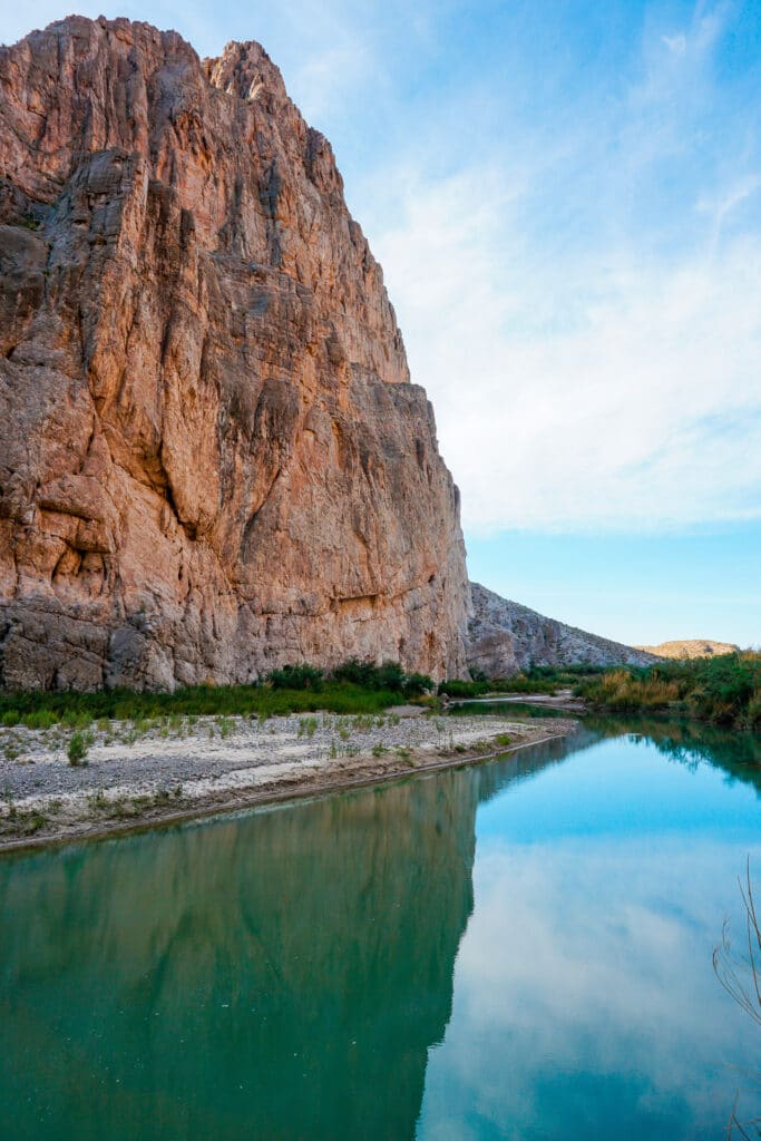 The Rio Grande River along a towering canyon - this is the Boquillas Canyon trail, one of the best hikes in Big Bend National Park.