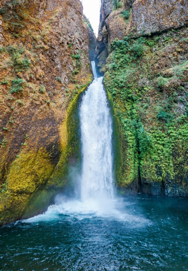 Wahclella Falls, a two-tired horsetail waterfall in Columbia River Gorge