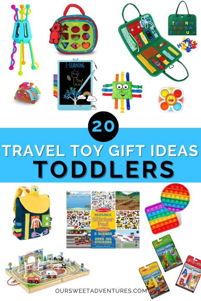 A pin image showcasing 20 travel toy gift ideas for toddlers
