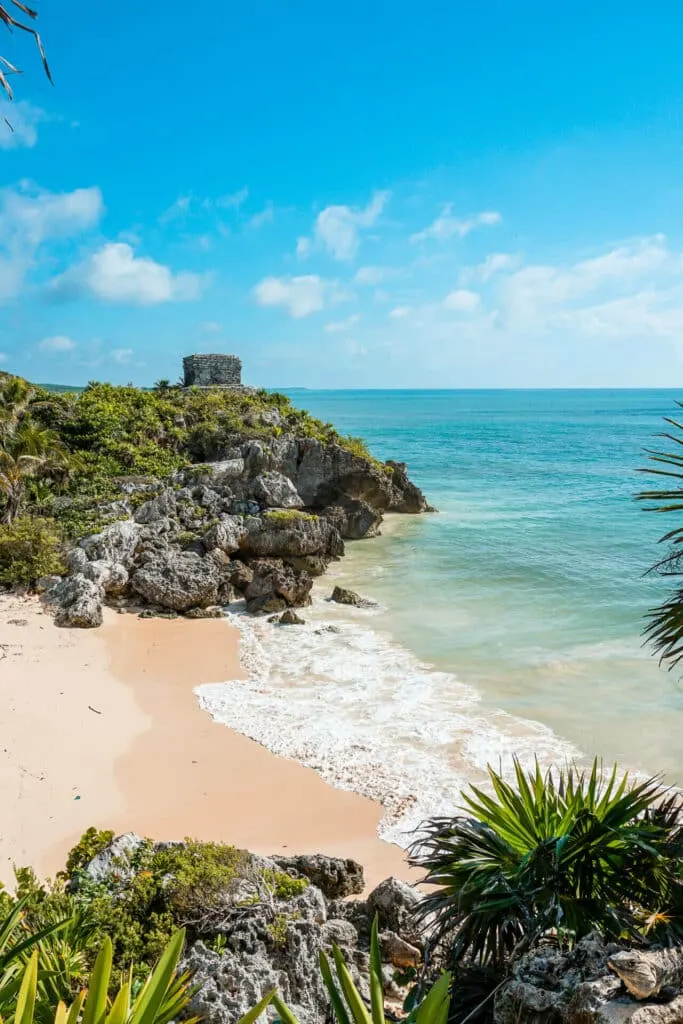 Iconic view of Tulum Ruins along the Caribbean coast.