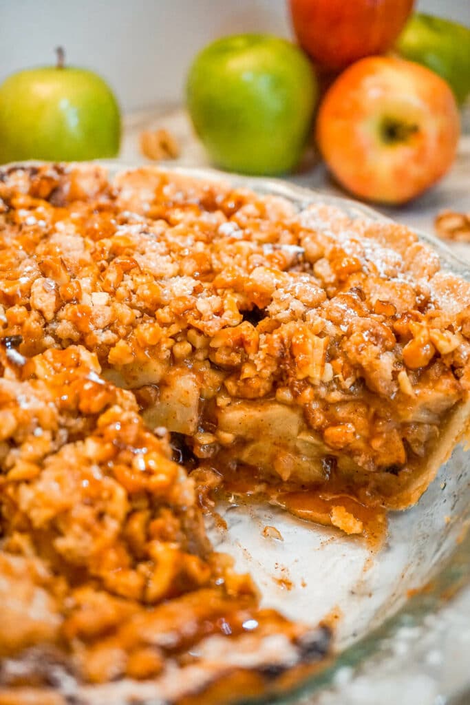 A view of the inside of the Caramel Apple Walnut Pie with a Streusel Topping.