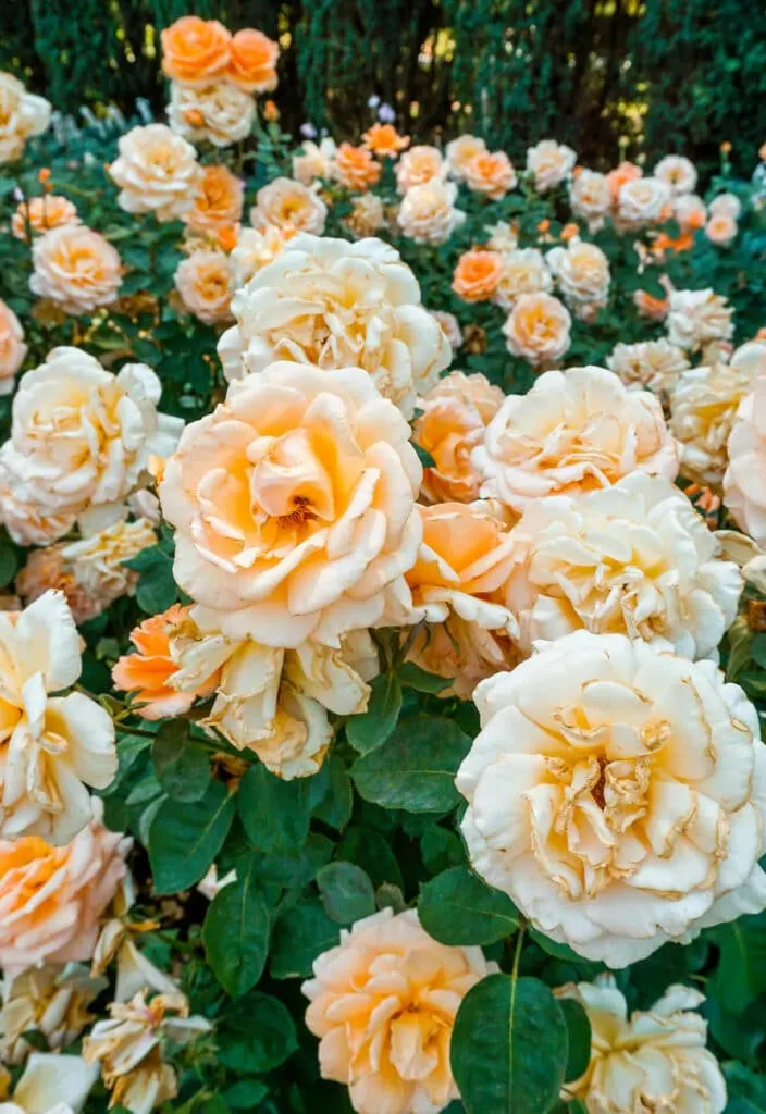 Beautiful peach colored roses from the International Rose Test Garden in Portland, one of the best FREE things to include in a 3 day Portland itinerary.