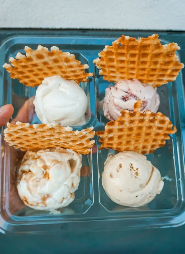 A ice cream flight of four flavors with homemade waffle chips from Salt & Straw in Portland, Oregon.