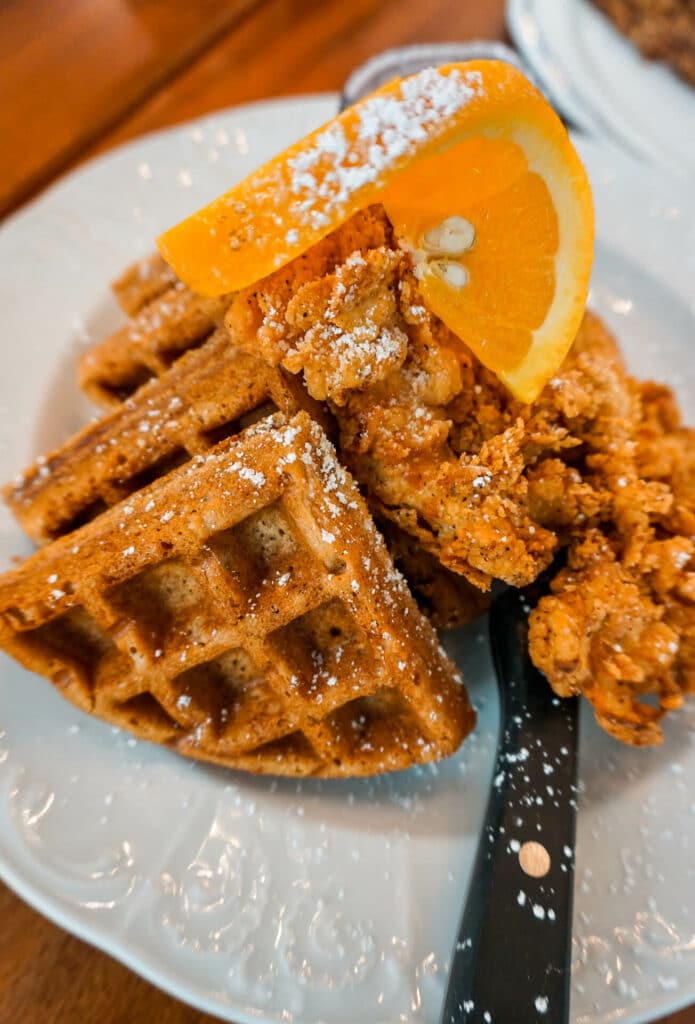 A plate of Screen Door's famous chicken and waffles.