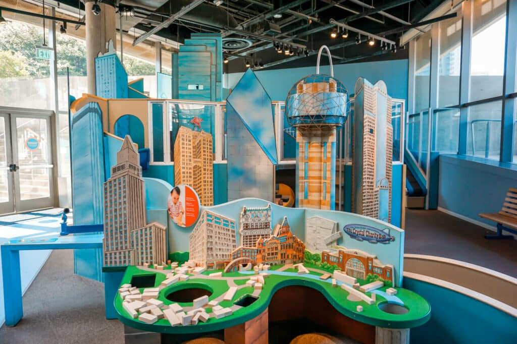 A downtown Dallas replica play ground inside the Perot Museum's Children Museum - one of the best things to do in Dallas with toddlers.