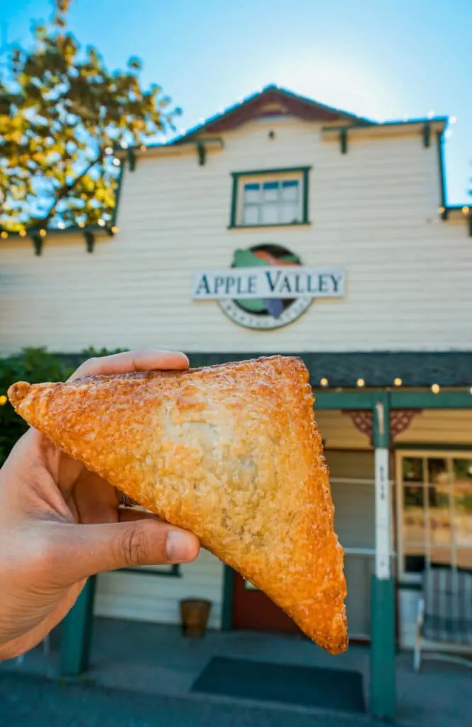 A hand holding a flaky fruit filled hand pie in front of Apple Country Store - one of the best stops on the Hood River Fruit Loop.